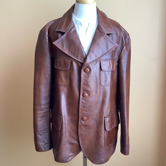 VINTAGE 70's Menswear Brown Leather Blazer - Picture 2 of 16